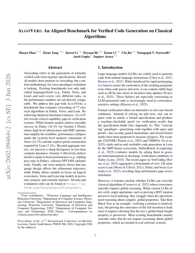 First page of AlgoVeri: An Aligned Benchmark for Verified Code Generation on Classical Algorithms