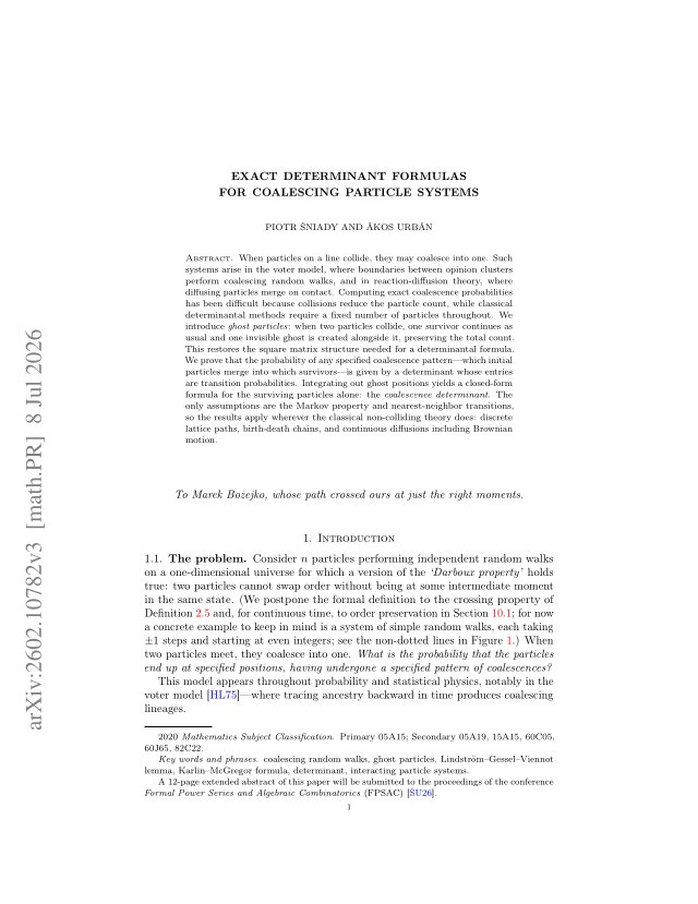 First page of Exact determinant formulas for coalescing particle systems