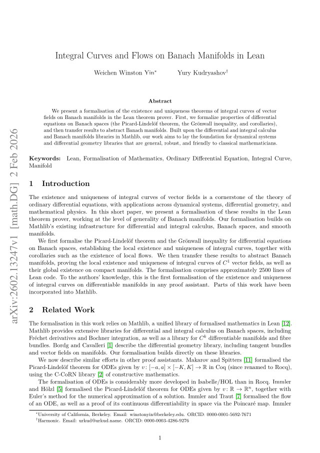 First page of Integral Curves and Flows on Banach Manifolds in Lean