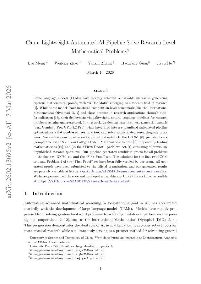 First page of Can a Lightweight Automated AI Pipeline Solve Research-Level Mathematical Problems?
