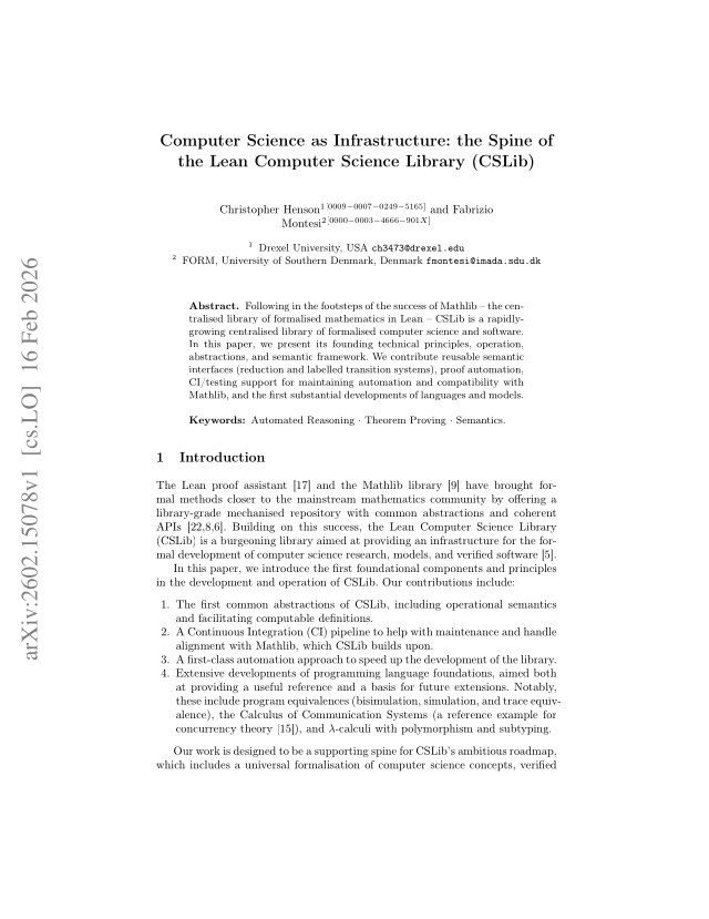 First page of Computer Science as Infrastructure: the Spine of the Lean Computer Science Library (CSLib)