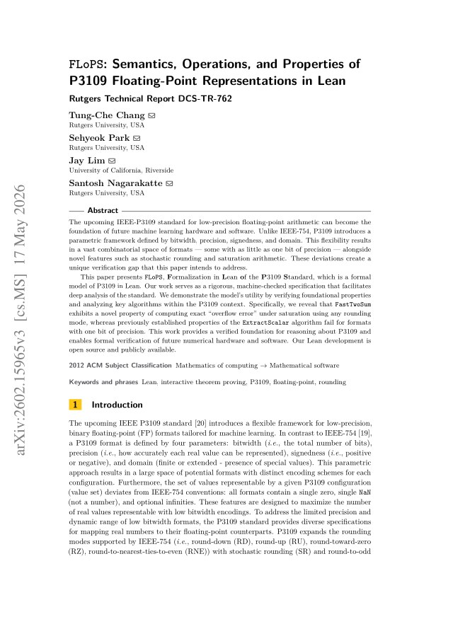 First page of FLoPS: Semantics, Operations, and Properties of P3109 Floating-Point Representations in Lean