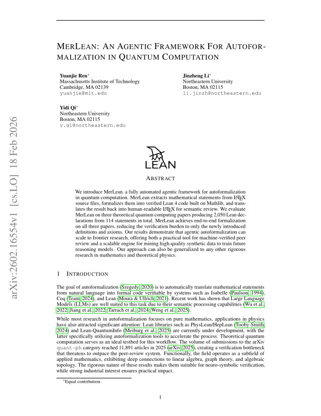 First page of MerLean: An Agentic Framework for Autoformalization in Quantum Computation