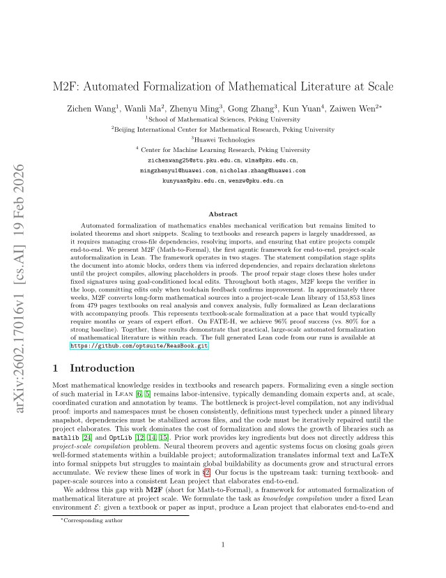 First page of M2F: Automated Formalization of Mathematical Literature at Scale