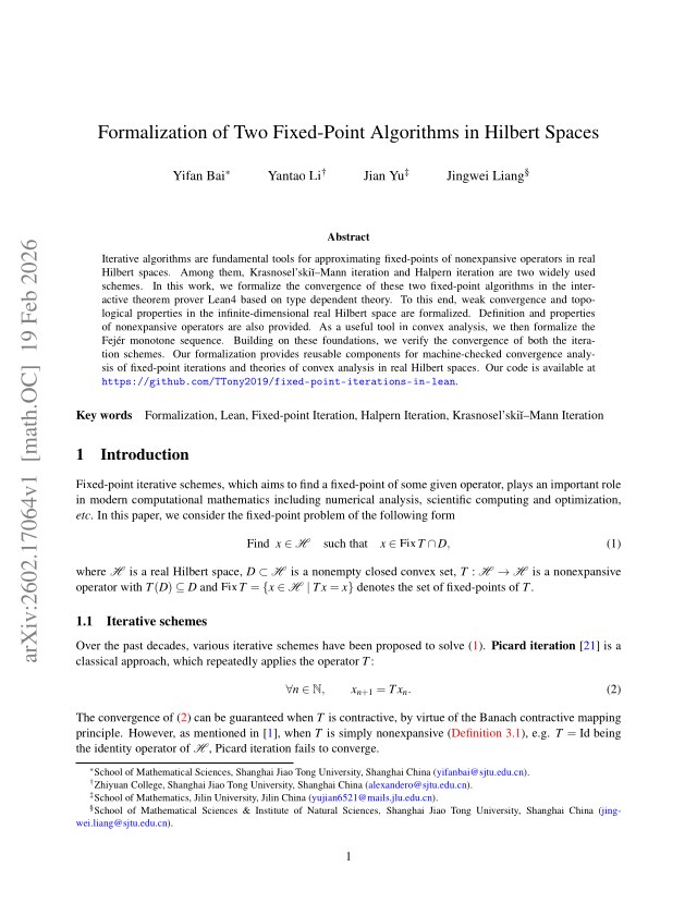 First page of Formalization of Two Fixed-Point Algorithms in Hilbert Spaces