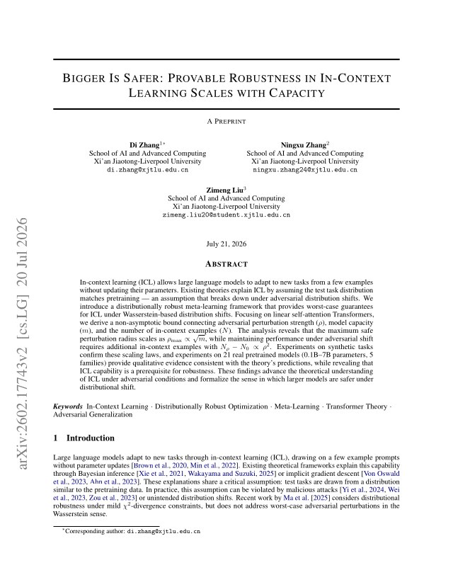 First page of Bigger Is Safer: Provable Robustness in In-Context Learning Scales with Capacity