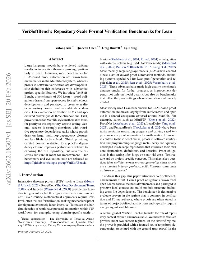 First page of VeriSoftBench: Repository-Scale Formal Verification Benchmarks for Lean