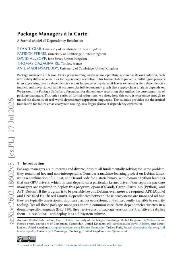 First page of Package Managers à la Carte: A Formal Model of Dependency Resolution
