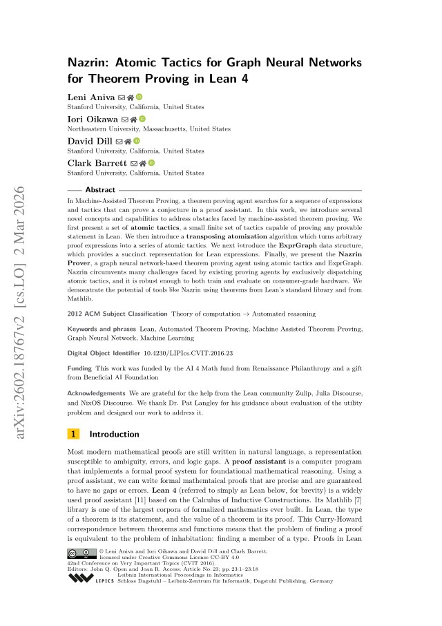 First page of Nazrin: Atomic Tactics for Graph Neural Networks for Theorem Proving in Lean 4