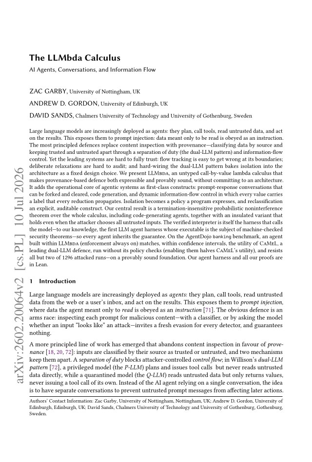 First page of The LLMbda Calculus: AI Agents, Conversations, and Information Flow