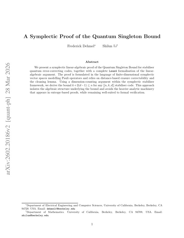 First page of A Symplectic Proof of the Quantum Singleton Bound