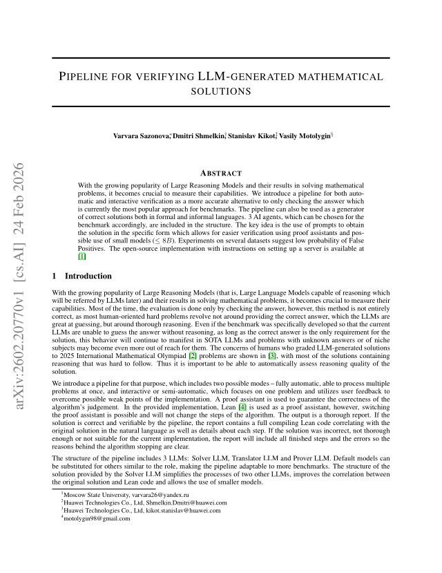 First page of Pipeline for Verifying LLM-Generated Mathematical Solutions
