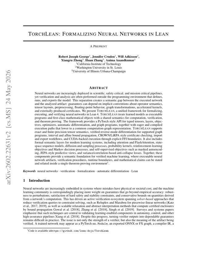 First page of TorchLean: Formalizing Neural Networks in Lean
