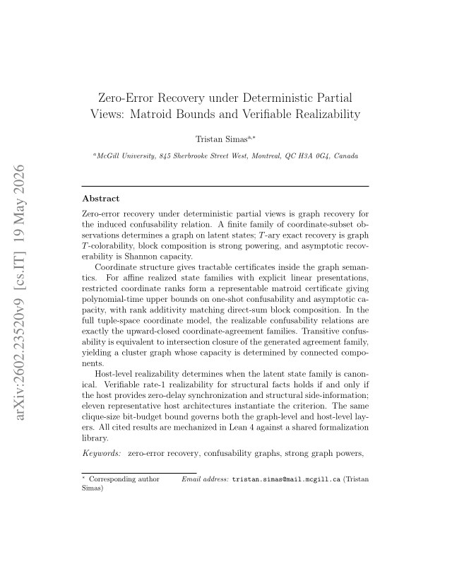 First page of Zero-Error Recovery under Deterministic Partial Views: Matroid Bounds and Verifiable Realizability