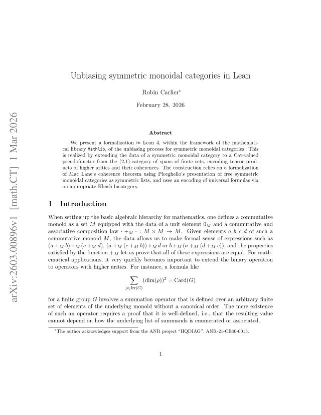First page of Unbiasing symmetric monoidal categories in Lean