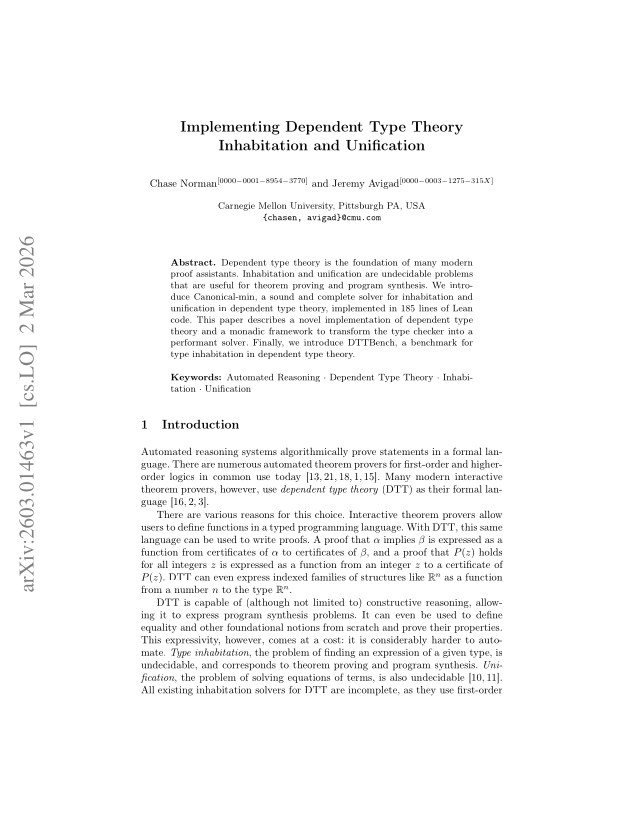 First page of Implementing Dependent Type Theory Inhabitation and Unification