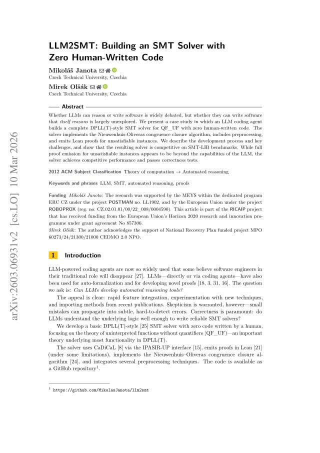 First page of LLM2SMT: Building an SMT Solver with Zero Human-Written Code