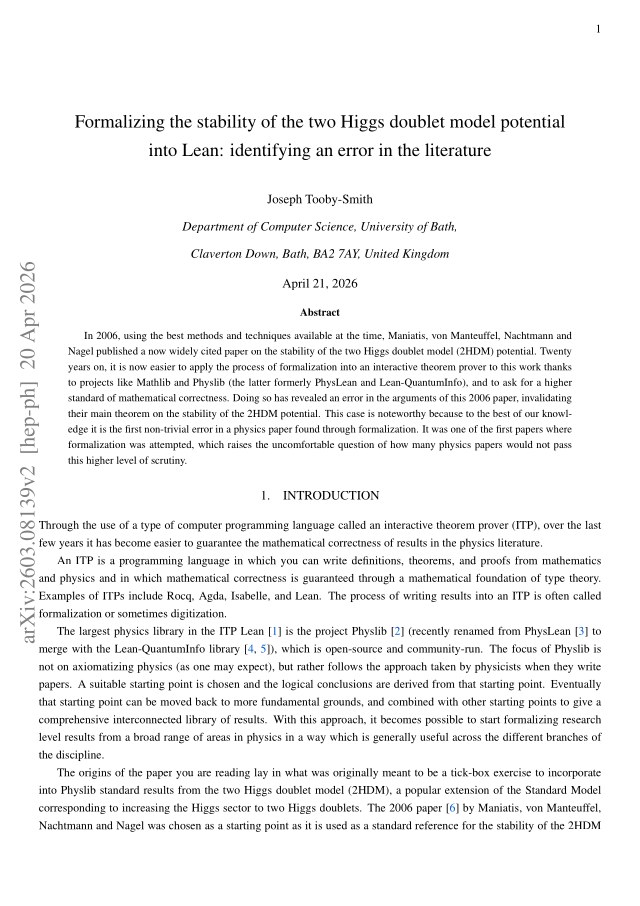 First page of Formalizing the stability of the two Higgs doublet model potential into Lean: identifying an error in the literature