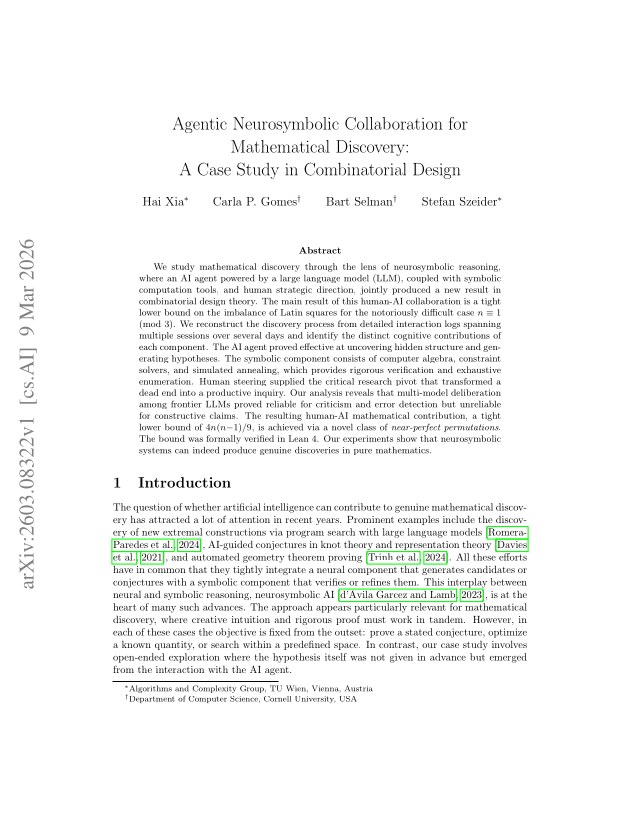 First page of Agentic Neurosymbolic Collaboration for Mathematical Discovery: A Case Study in Combinatorial Design