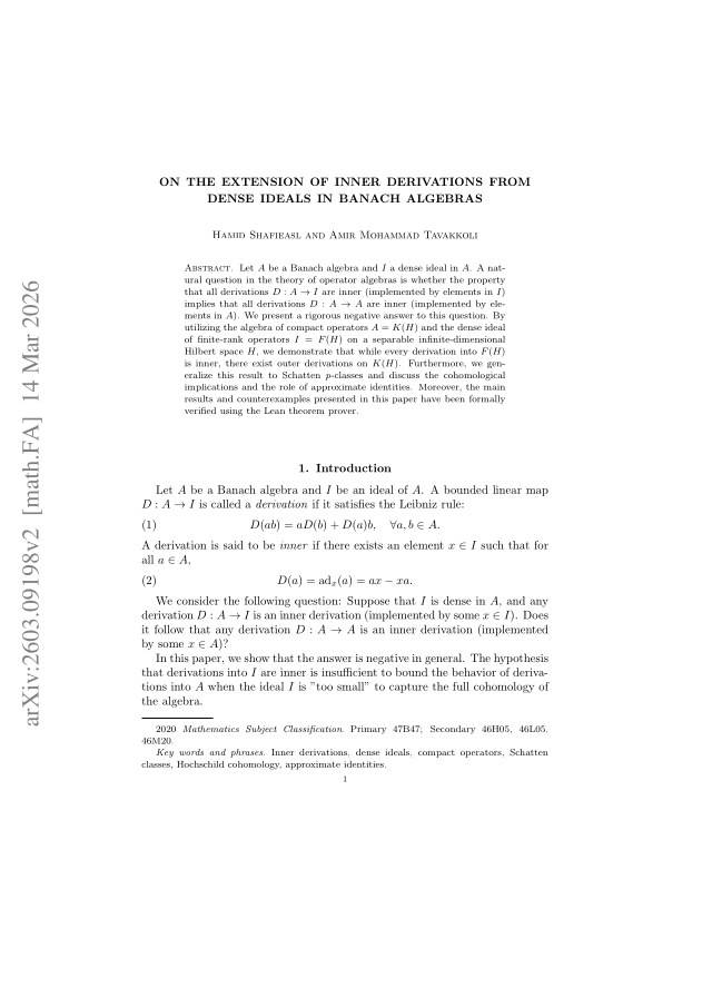 First page of On the extension of inner derivations from dense ideals in Banach algebras
