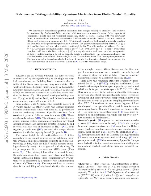 First page of Existence as Distinguishability: Quantum Mechanics from Finite Graded Equality