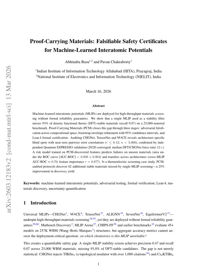 First page of Proof-Carrying Materials: Falsifiable Safety Certificates for Machine-Learned Interatomic Potentials