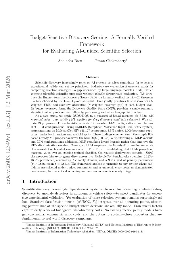 First page of Budget-Sensitive Discovery Scoring: A Formally Verified Framework for Evaluating AI-Guided Scientific Selection
