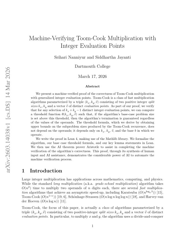 First page of Machine-Verifying Toom-Cook Multiplication with Integer Evaluation Points