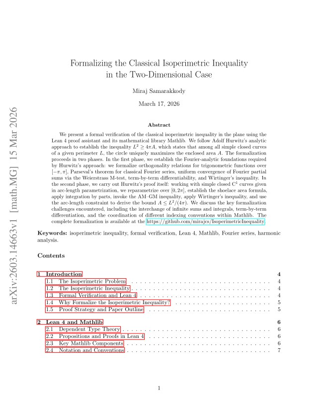 First page of Formalizing the Classical Isoperimetric Inequality in the Two-Dimensional Case