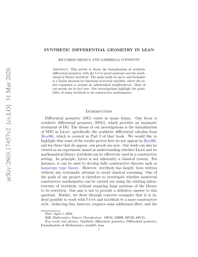 First page of Synthetic Differential Geometry in Lean