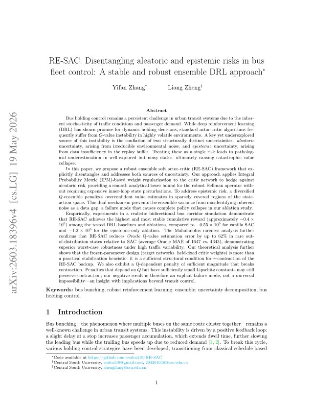 First page of RE-SAC: Disentangling aleatoric and epistemic risks in bus fleet control: A stable and robust ensemble DRL approach