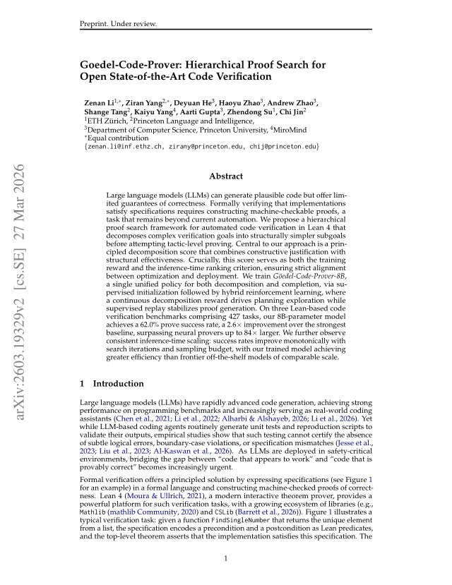 First page of Goedel-Code-Prover: Hierarchical Proof Search for Open State-of-the-Art Code Verification