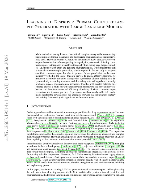First page of Learning to Disprove: Formal Counterexample Generation with Large Language Models