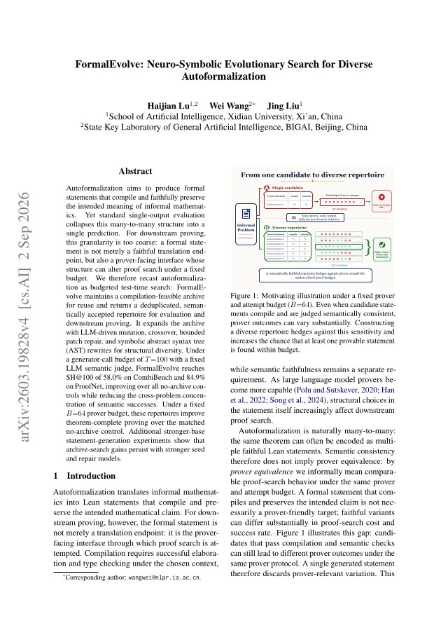 First page of FormalEvolve: Neuro-Symbolic Evolutionary Search for Diverse Autoformalization