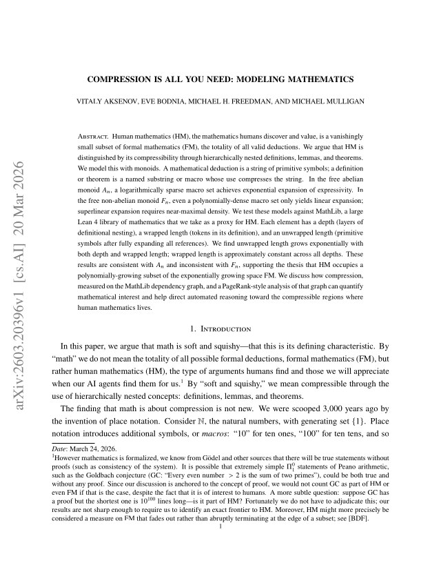 First page of Compression is all you need: Modeling Mathematics