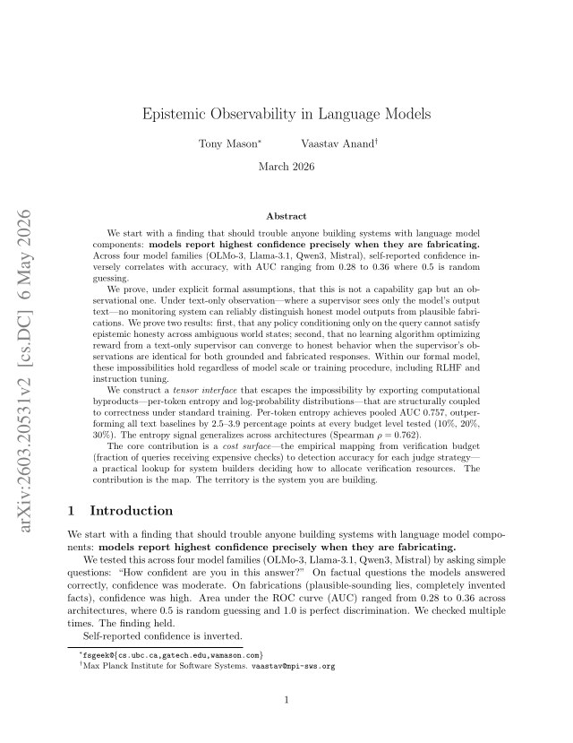 First page of Epistemic Observability in Language Models