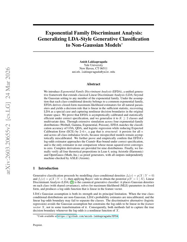 First page of Exponential Family Discriminant Analysis: Generalizing LDA-Style Generative Classification to Non-Gaussian Models