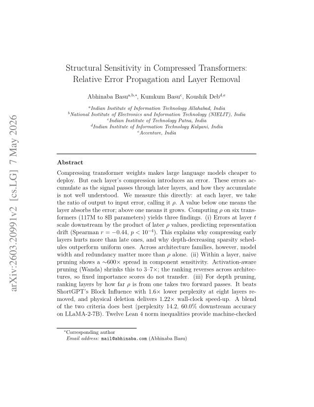 First page of Structural Sensitivity in Compressed Transformers: Relative Error Propagation and Layer Removal