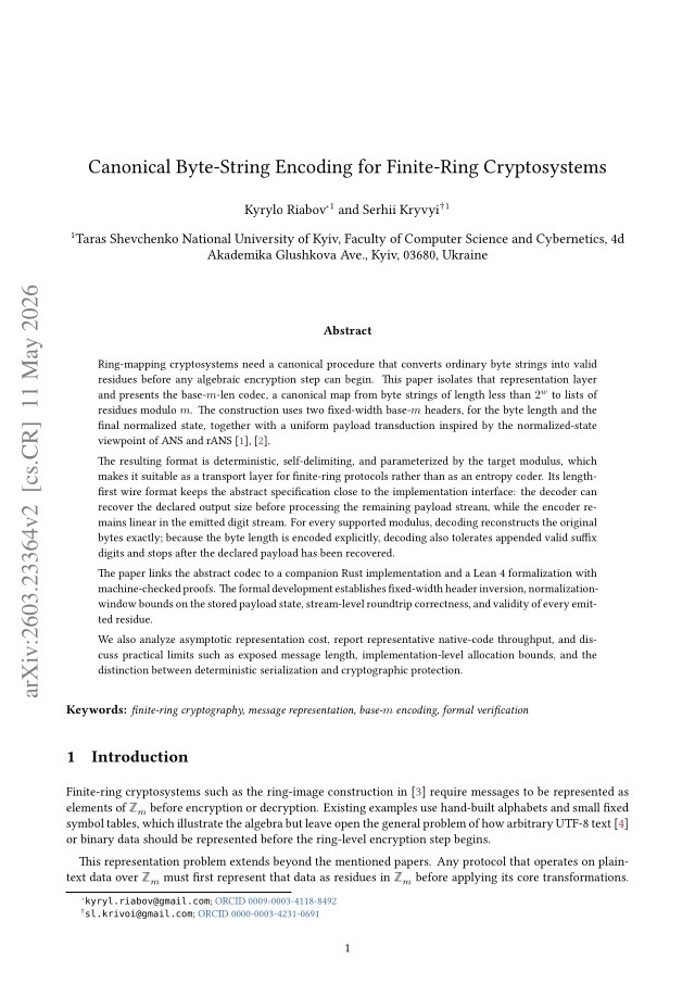 First page of Canonical Byte-String Encoding for Finite-Ring Cryptosystems