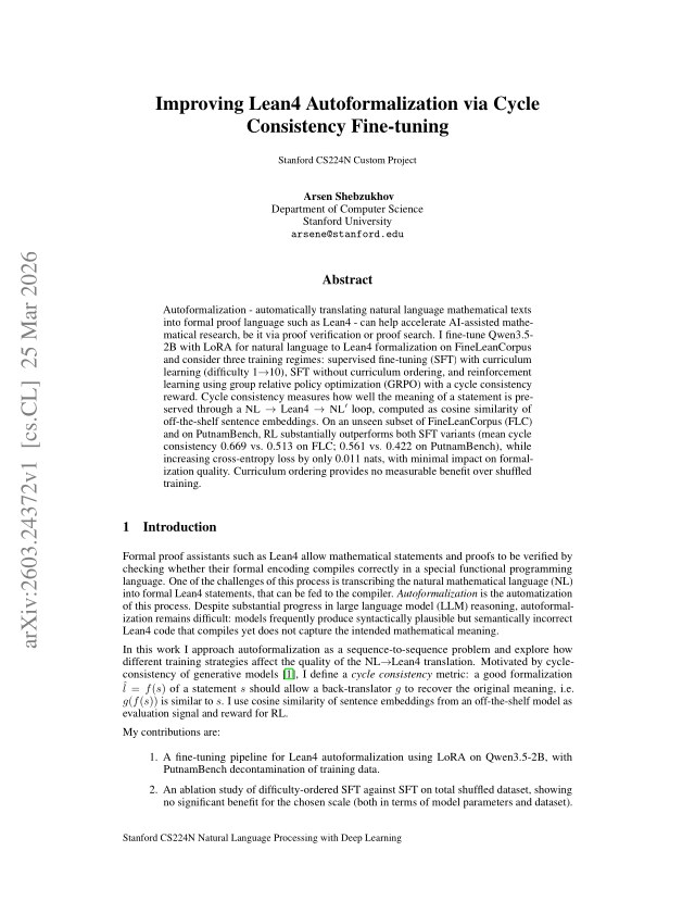 First page of Improving Lean4 Autoformalization via Cycle Consistency Fine-tuning