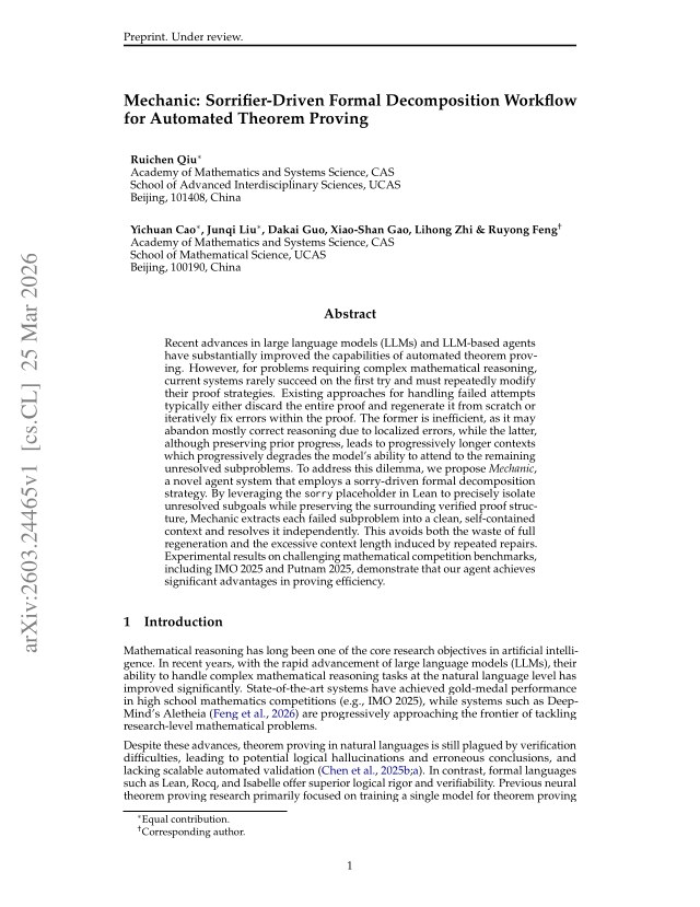 First page of Mechanic: Sorrifier-Driven Formal Decomposition Workflow for Automated Theorem Proving