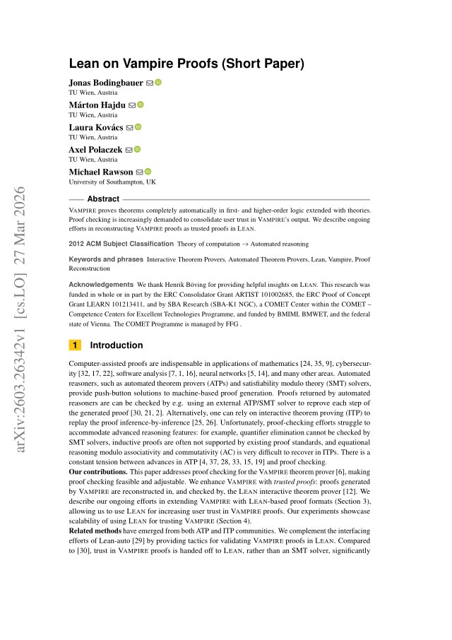 First page of Lean on Vampire Proofs (Short Paper)