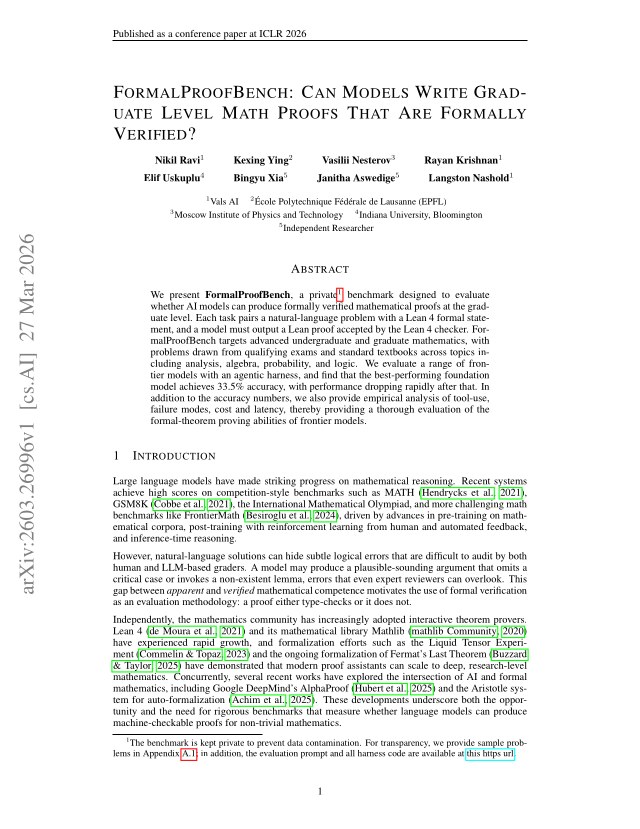 First page of FormalProofBench: Can Models Write Graduate Level Math Proofs That Are Formally Verified?