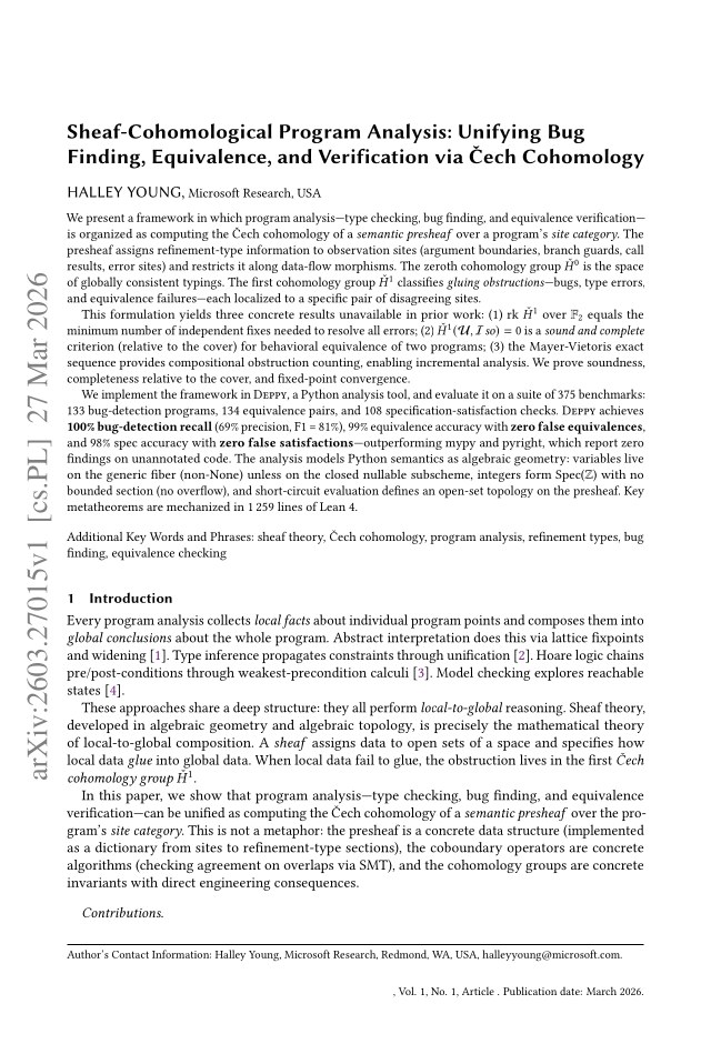 First page of Sheaf-Cohomological Program Analysis: Unifying Bug Finding, Equivalence, and Verification via Čech Cohomology