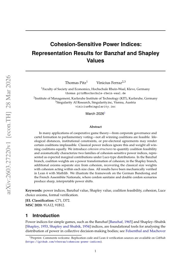 First page of Cohesion-Sensitive Power Indices: Representation Results for Banzhaf and Shapley Values