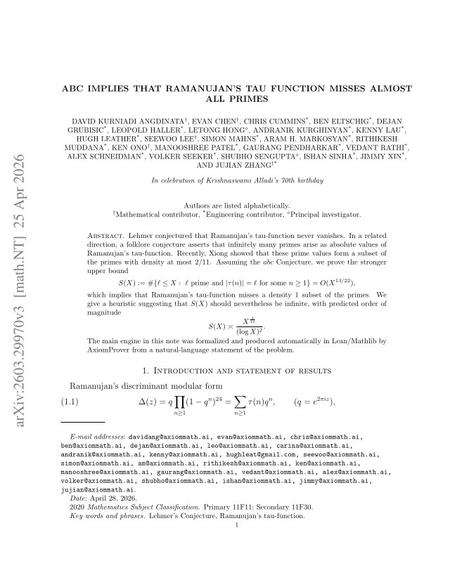 First page of ABC implies that Ramanujan's tau function misses almost all primes