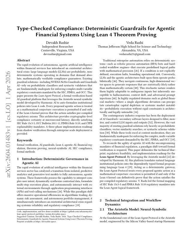 First page of Type-Checked Compliance: Deterministic Guardrails for Agentic Financial Systems Using Lean 4 Theorem Proving