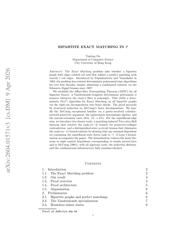 First page of Bipartite Exact Matching in P