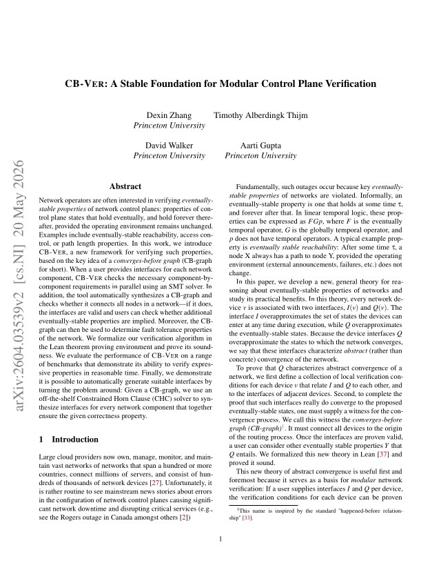 First page of CB-VER: A Stable Foundation for Modular Control Plane Verification