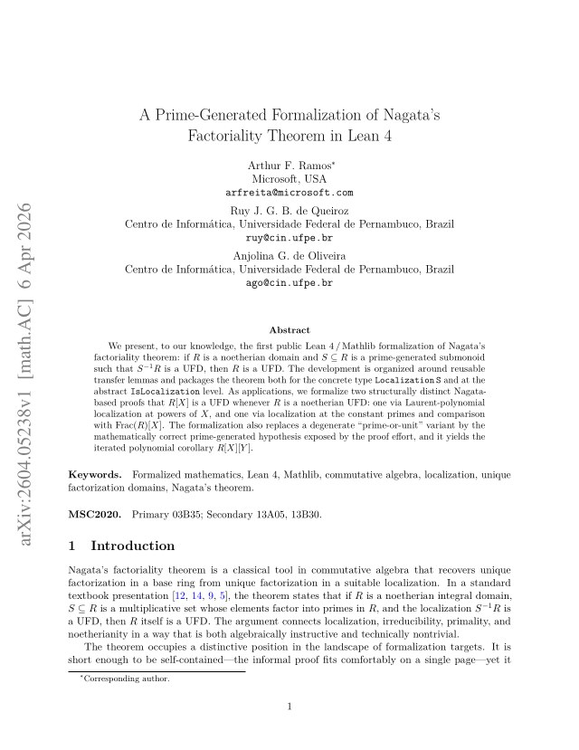 First page of A Prime-Generated Formalization of Nagata's Factoriality Theorem in Lean 4